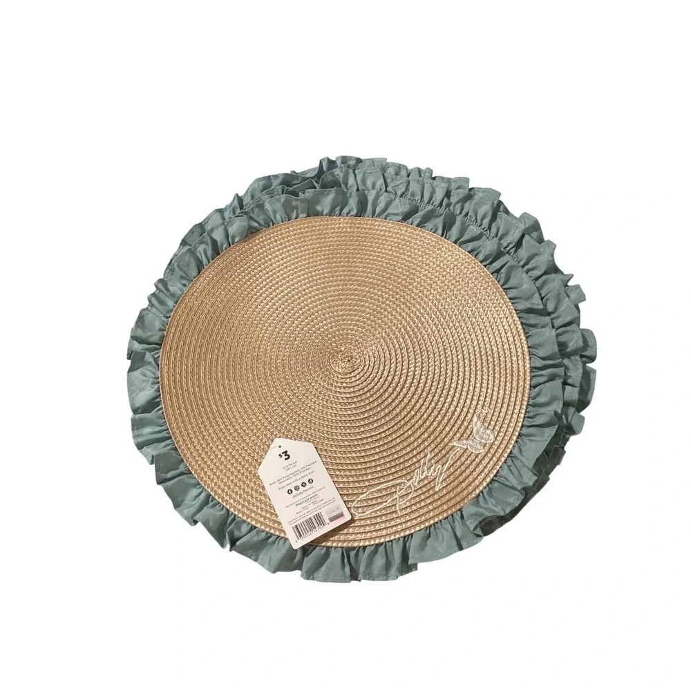 7-Dolly Parton‎ Round Placemat Woven Straw Blue Ruffle Butterfly Tableware